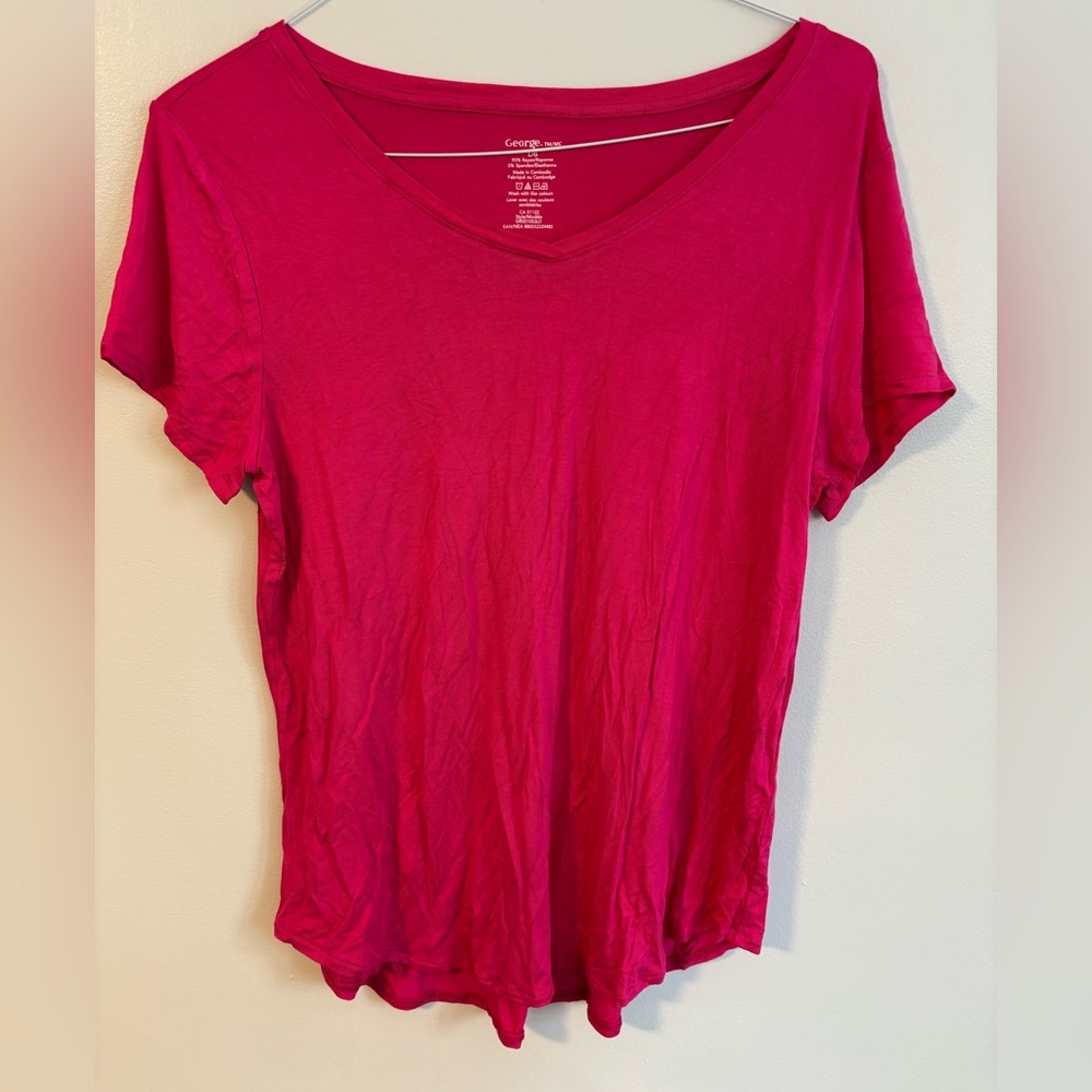 Pink Stretcht V-Neck Lightweight Short Sleeve Womens Top Casual Shirt Size Large